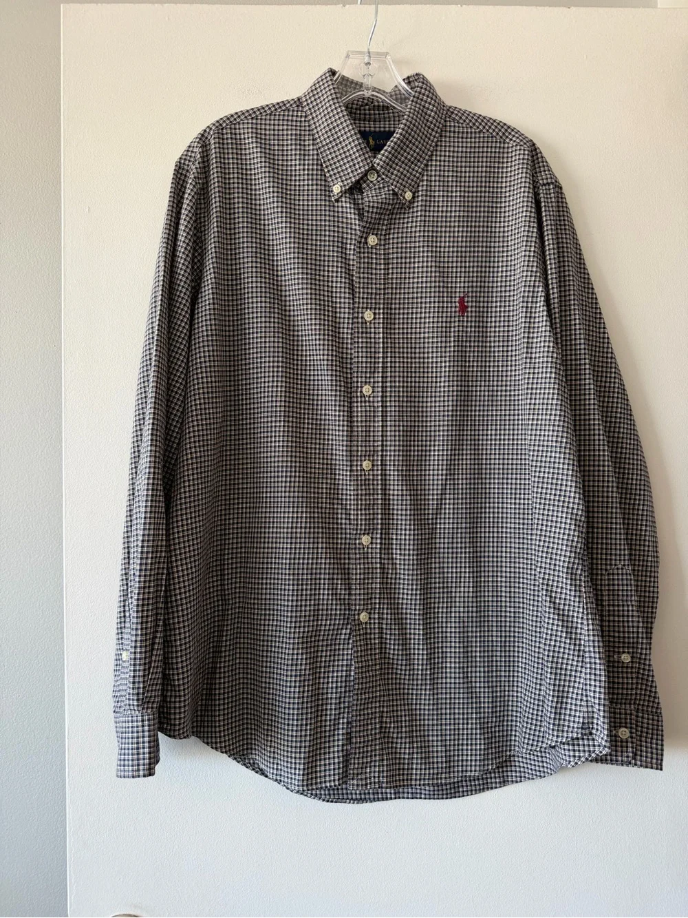 Polo Ralph Lauren Custom Fit Blue Tan Plaid Long Sleeve Shirt Men’s Large EUC